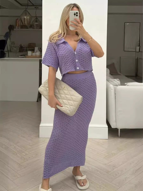 Knitted Crochet Multicolor Cardigan Button Skirt All-match Set Dress-TOPS / DRESSES-[Adult]-[Female]-2022 Online Blue Zone Planet