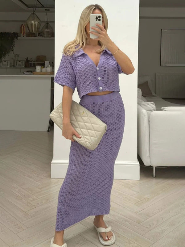 Knitted Crochet Multicolor Cardigan Button Skirt All-match Set Dress-TOPS / DRESSES-[Adult]-[Female]-Purple-S-2022 Online Blue Zone Planet