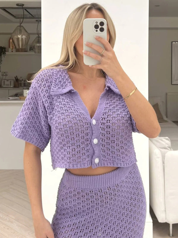 Knitted Crochet Multicolor Cardigan Button Skirt All-match Set Dress-TOPS / DRESSES-[Adult]-[Female]-2022 Online Blue Zone Planet