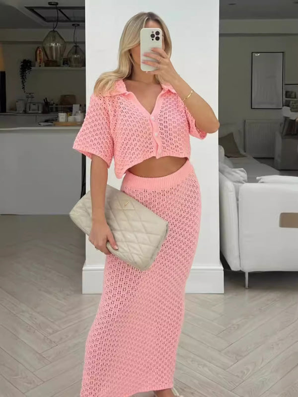 Knitted Crochet Multicolor Cardigan Button Skirt All-match Set Dress-TOPS / DRESSES-[Adult]-[Female]-Pink-S-2022 Online Blue Zone Planet