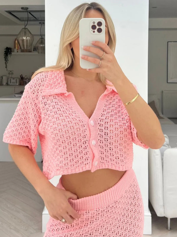 Knitted Crochet Multicolor Cardigan Button Skirt All-match Set Dress-TOPS / DRESSES-[Adult]-[Female]-2022 Online Blue Zone Planet