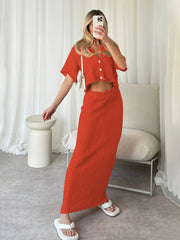 Knitted Crochet Multicolor Cardigan Button Skirt All-match Set Dress-TOPS / DRESSES-[Adult]-[Female]-Red-S-2022 Online Blue Zone Planet