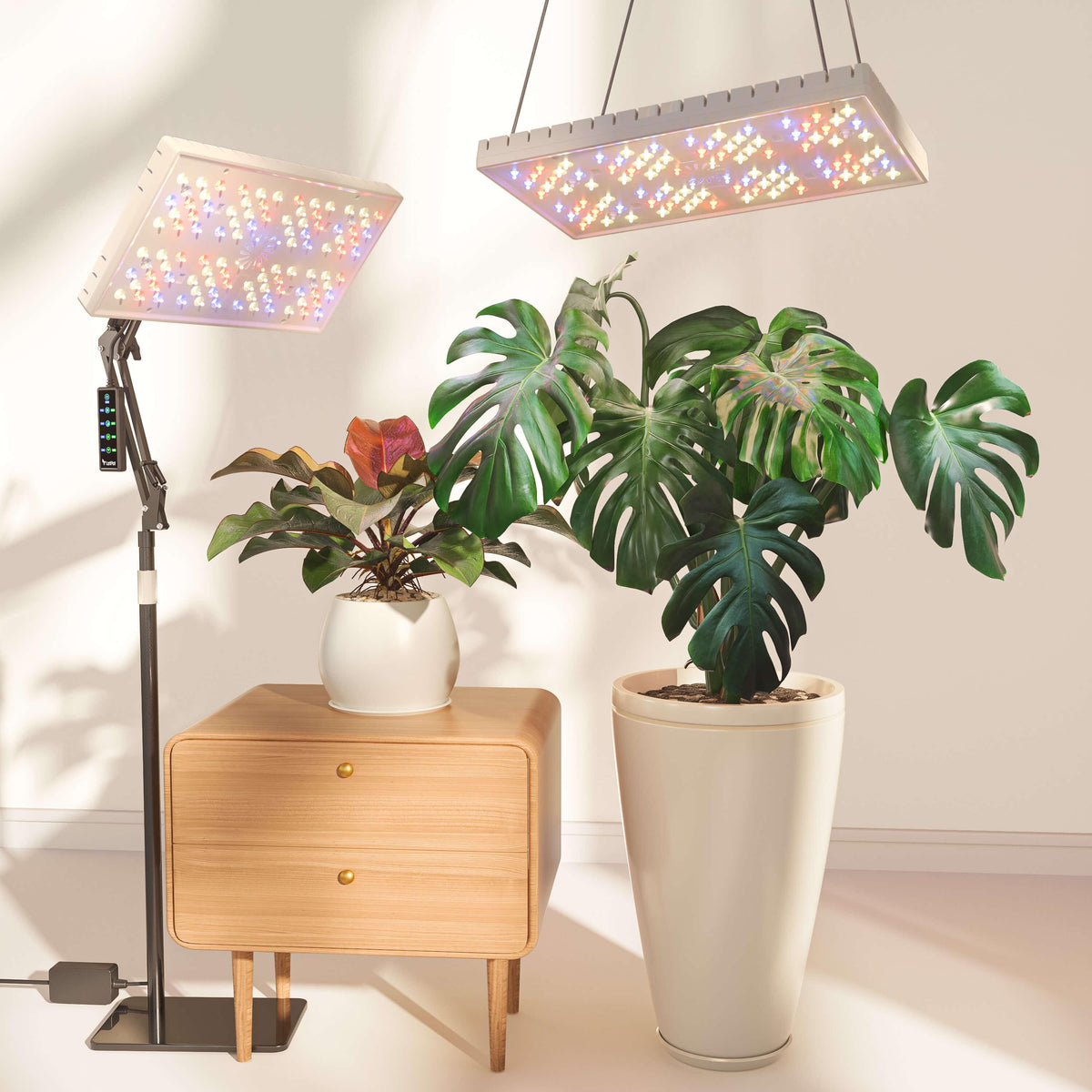 Indoor grow lights illuminating potted houseplants in a modern home setting