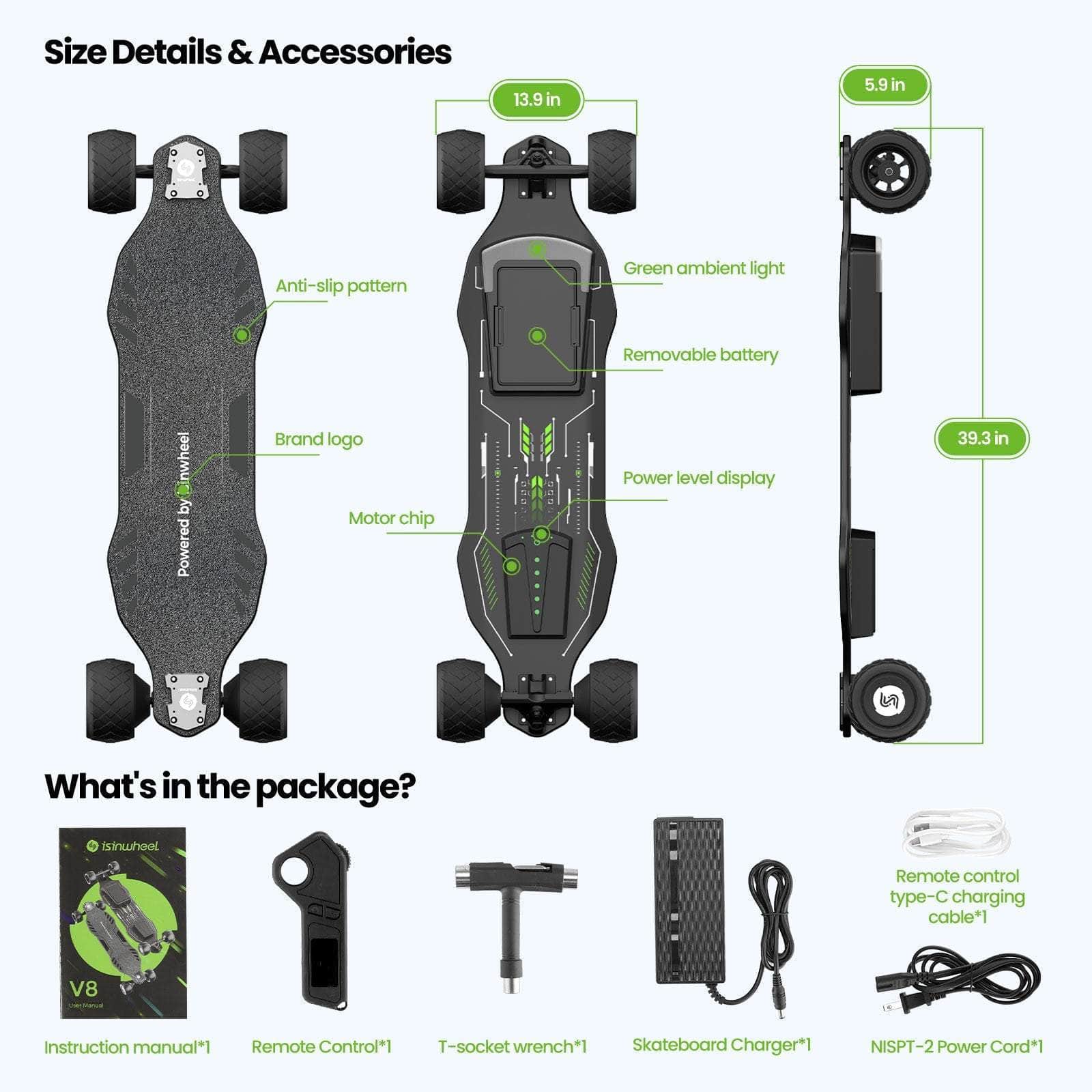 iSinwheel Official Store V8 isinwheel V8 Electric Skateboard with Portable Removable Battery & Remote Control