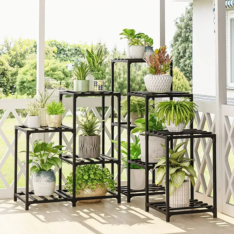 Bamworld Outdoor Plant Stand Indoor Black Corner Plant Shelf 5-Tier 11 Potted Flower Shelves Wooden Plant Stands Garden Wood Plant Holder Rack for Living Room Corner Lawn Window