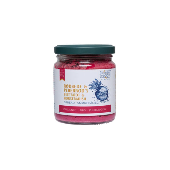 Vegan Røbete og Pepperrot Pålegg 200 g - By Rømer Vegan med økologisk rød betepålegg i glasskrukke på hvit bakgrunn