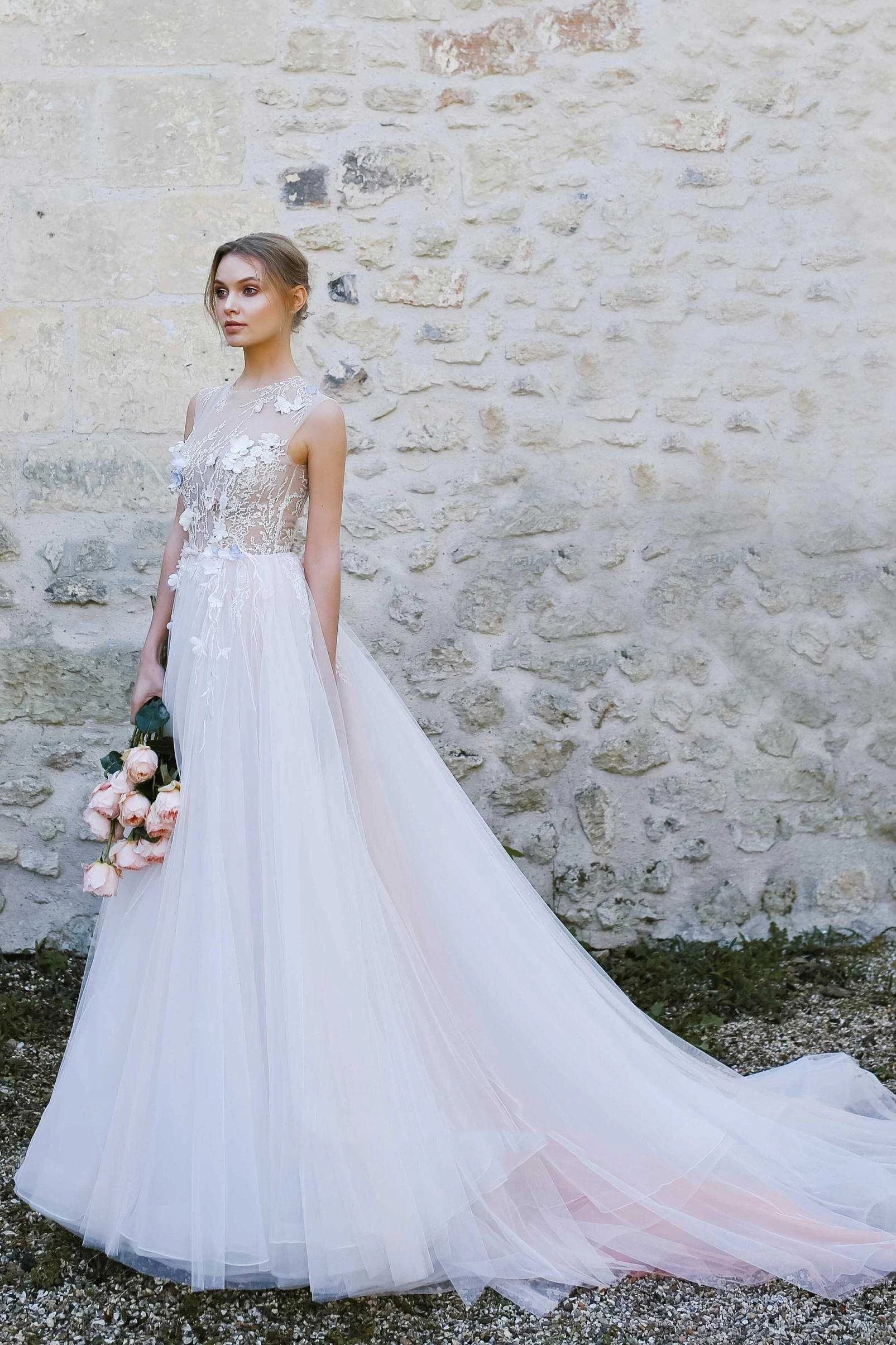 Sleeveless A-Line Tulle Dress with Jewel Neckline, Pleats, and Illusion Appliqu??s