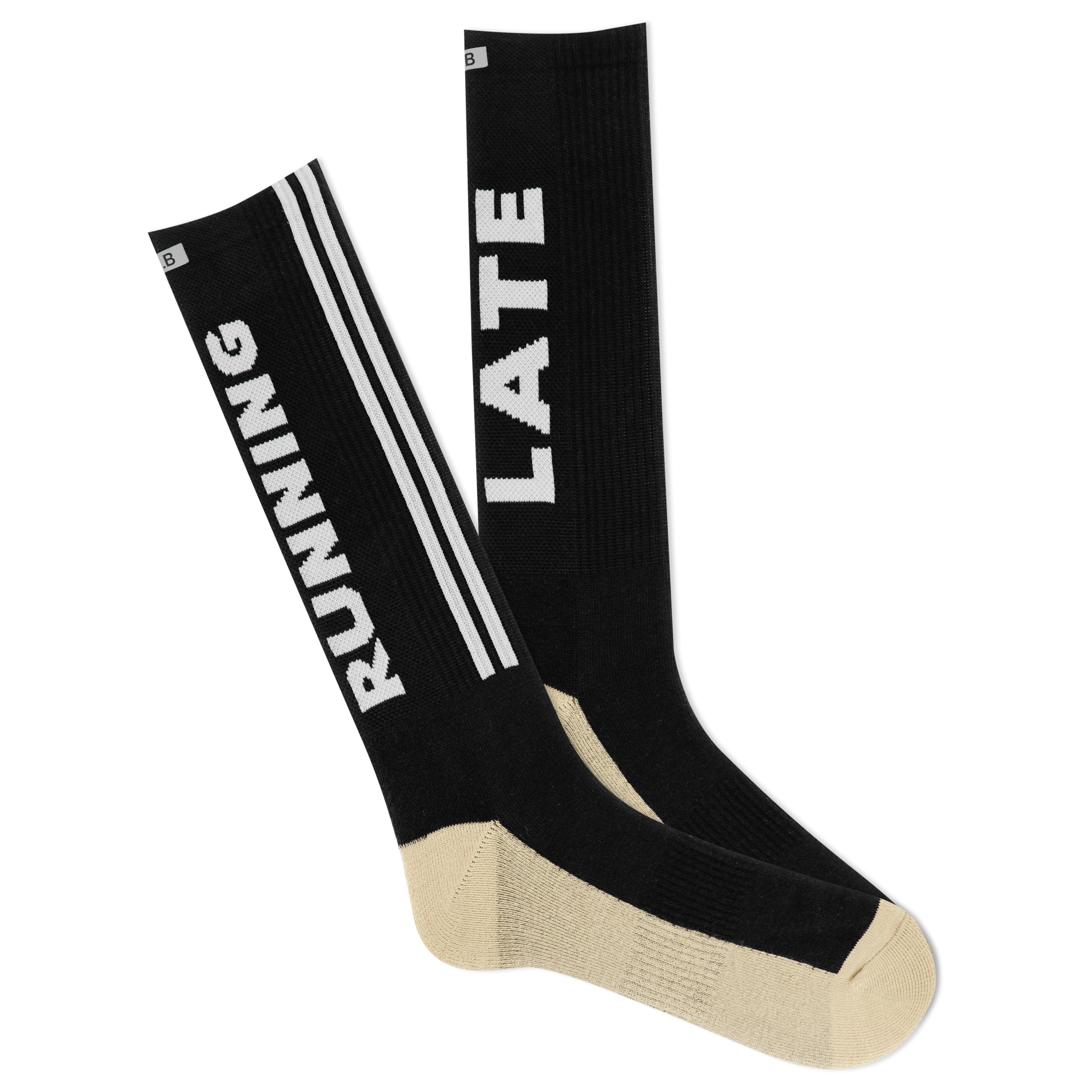 A pair of black and beige crew socks with 'RUNNING LATE' text and stripes.