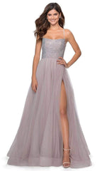 La Femme - Long Beaded Bodice High Slit Tulle Dress 28530SC - 1 pc Mauve In Size 2 and 1 pc Silver in Size 0 Available CCSALE 2 / Mauve