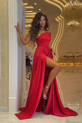 One Shoulder Strapless A-Line Red Long Prom Dress with High Split