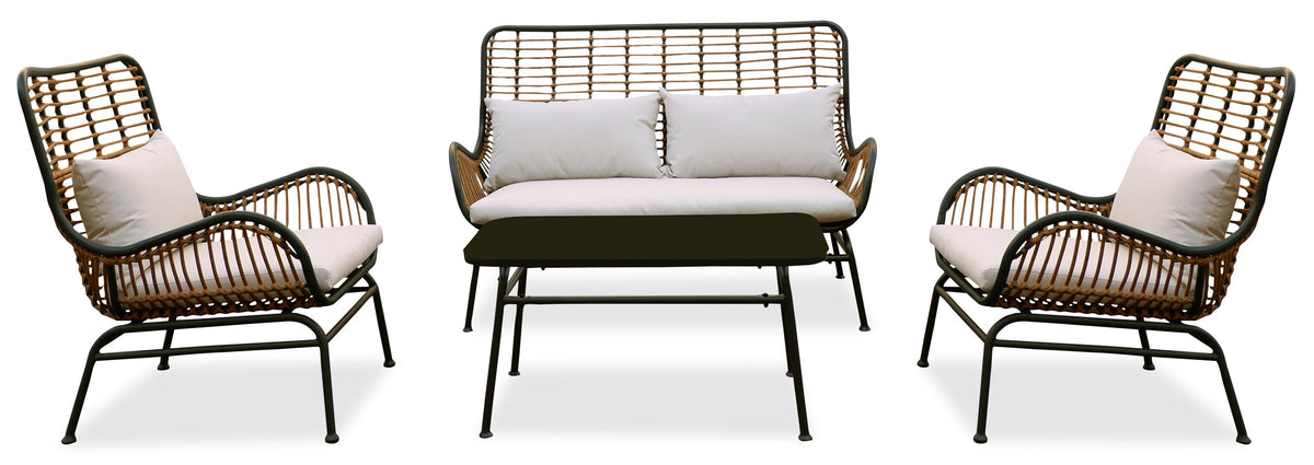 Maki 4-Piece Outdoor Patio Conversation Set with Loveseat, 2 Chairs & Glass Top Coffee Table - Hand-Woven Resin Wicker, UV & Weather Resistant - Natural | Ensemble de conversation Maki 4 pièces pour la terrasse