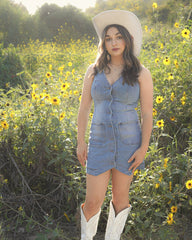 Medium Wash Sleeveless V Neck Vest Style Denim Mini Dress - Cindy Jane Boutique - Short Dresses