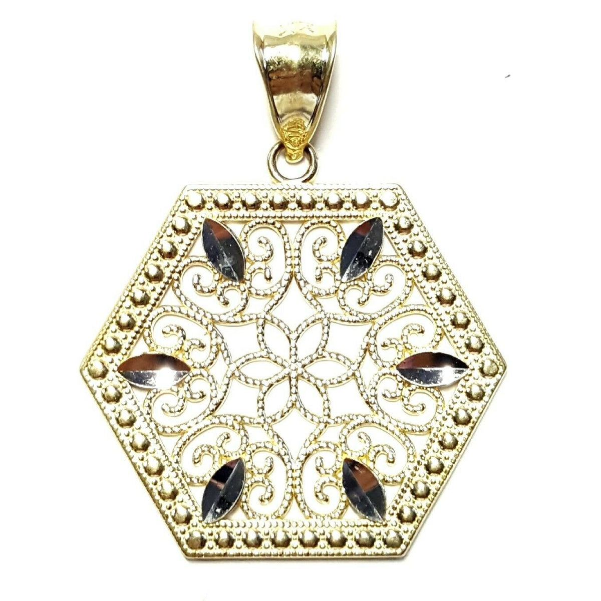 10k two tone gold hexagon filigree pendant charm fine gift jewelry for her 2.5g