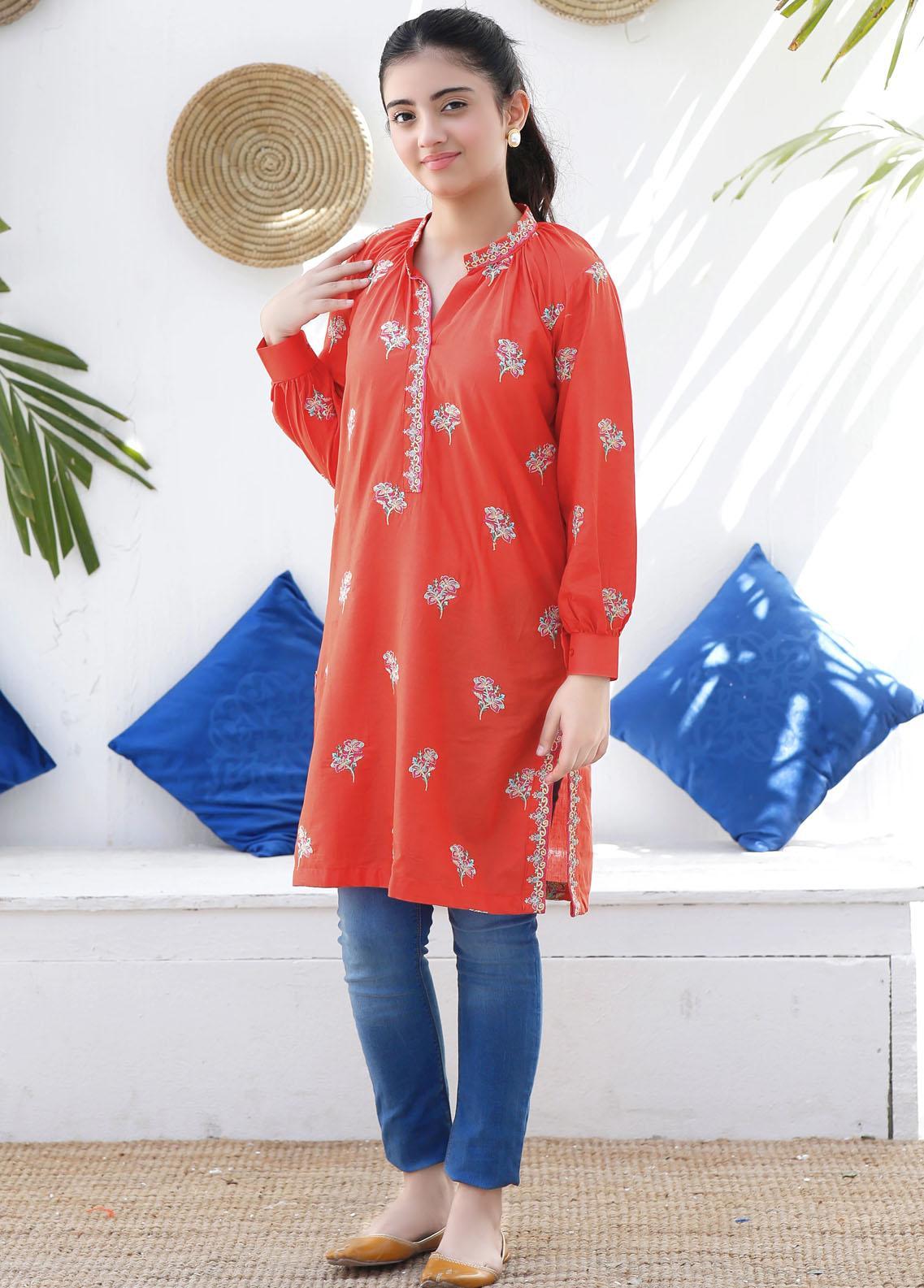 Modest Cotton Embroidered Kurti for Girls -  MS23M Azmiya