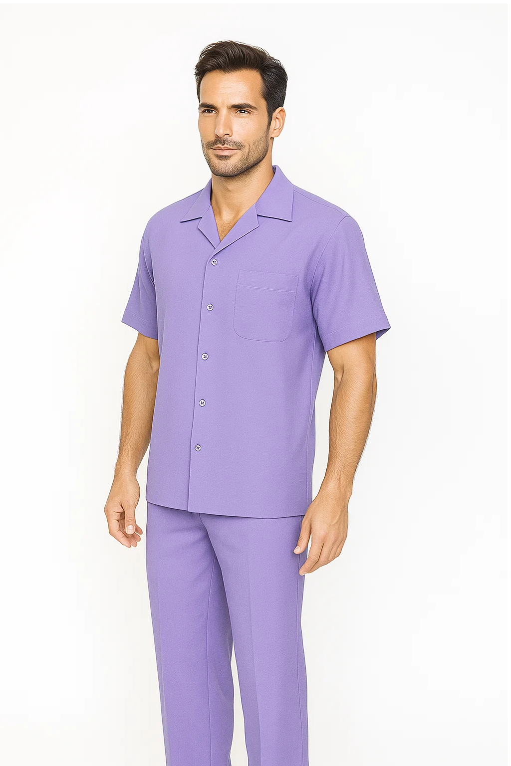 Men's lavender leisure suit: short-sleeve button-down shirt with chest pocket, paired with straight-leg pants. Relaxed, matching set for casual wear.