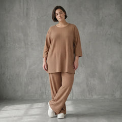 Oversize Set Cognac Jacquard mit Big Shirt und Palazzo Hose weich stretchig Papita Damenmode bei Modeare Sommer Look
