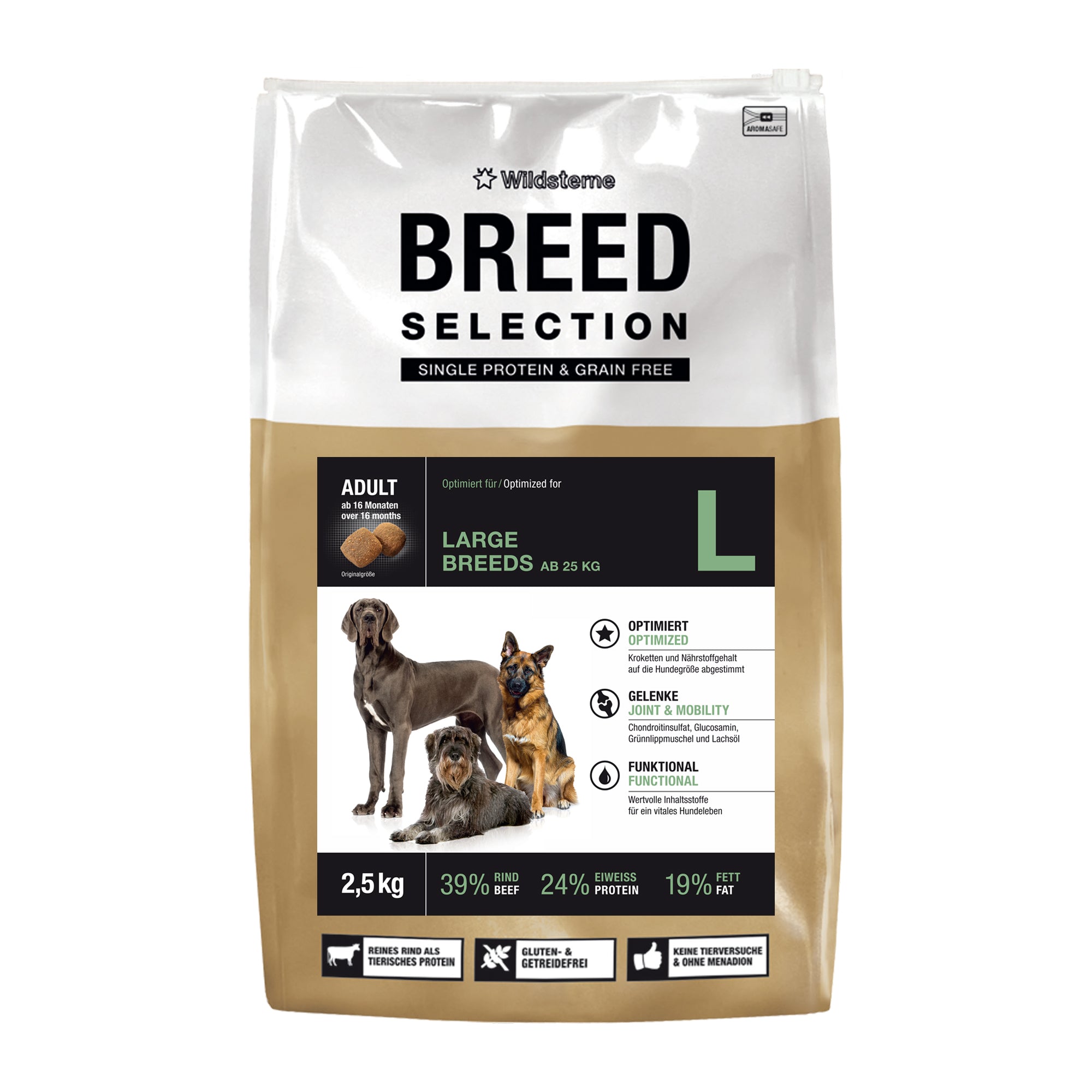 Ein Monoprotein Hundefutter ohne Getreide für große Hunde von Wildsterne im 2,5kg Probiergröße Futtersack.