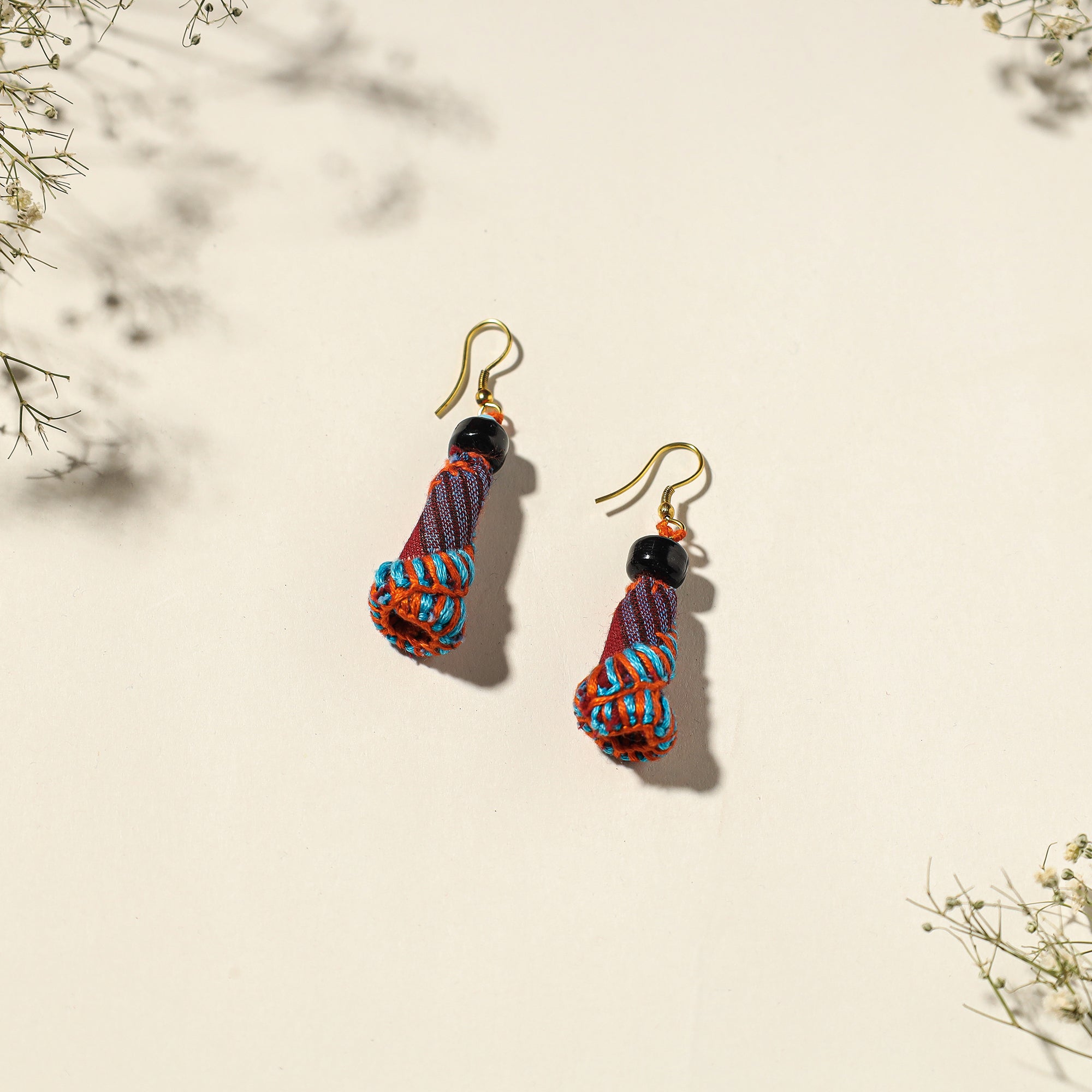 Hand Embroidered Gamcha Fabart Earrings by Rangila Dhaga