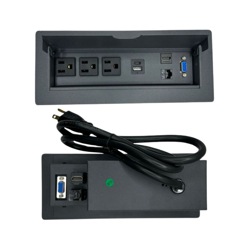 3 puertos de corriente 127W.
1 puerto USB doble (carga).
1 puerto RJ45.
1 puerto HDMI.
1 puerto VGA.
Cable de salida 1m con clavija.