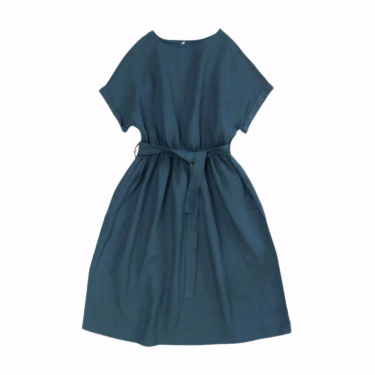 Blue breathable short sleeve linen dress laid flat on beige background