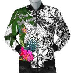 New Caledonia Bomber Jacket White - Turtle Plumeria Banana Leaf Crest