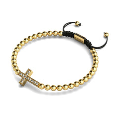 Crystal Cross bracelet with crystal-studded cross charm on adjustable black macrame cord in 18k gold finish by NOGU