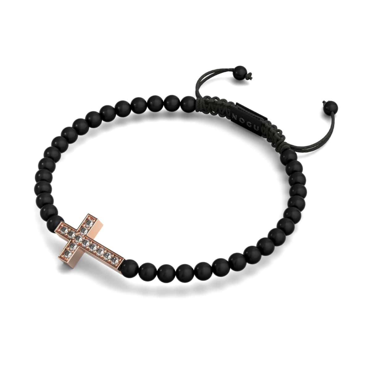 Crystal Cross bracelet with crystal-studded rose gold cross charm, black 4mm beads, adjustable nylon cord by NOGU