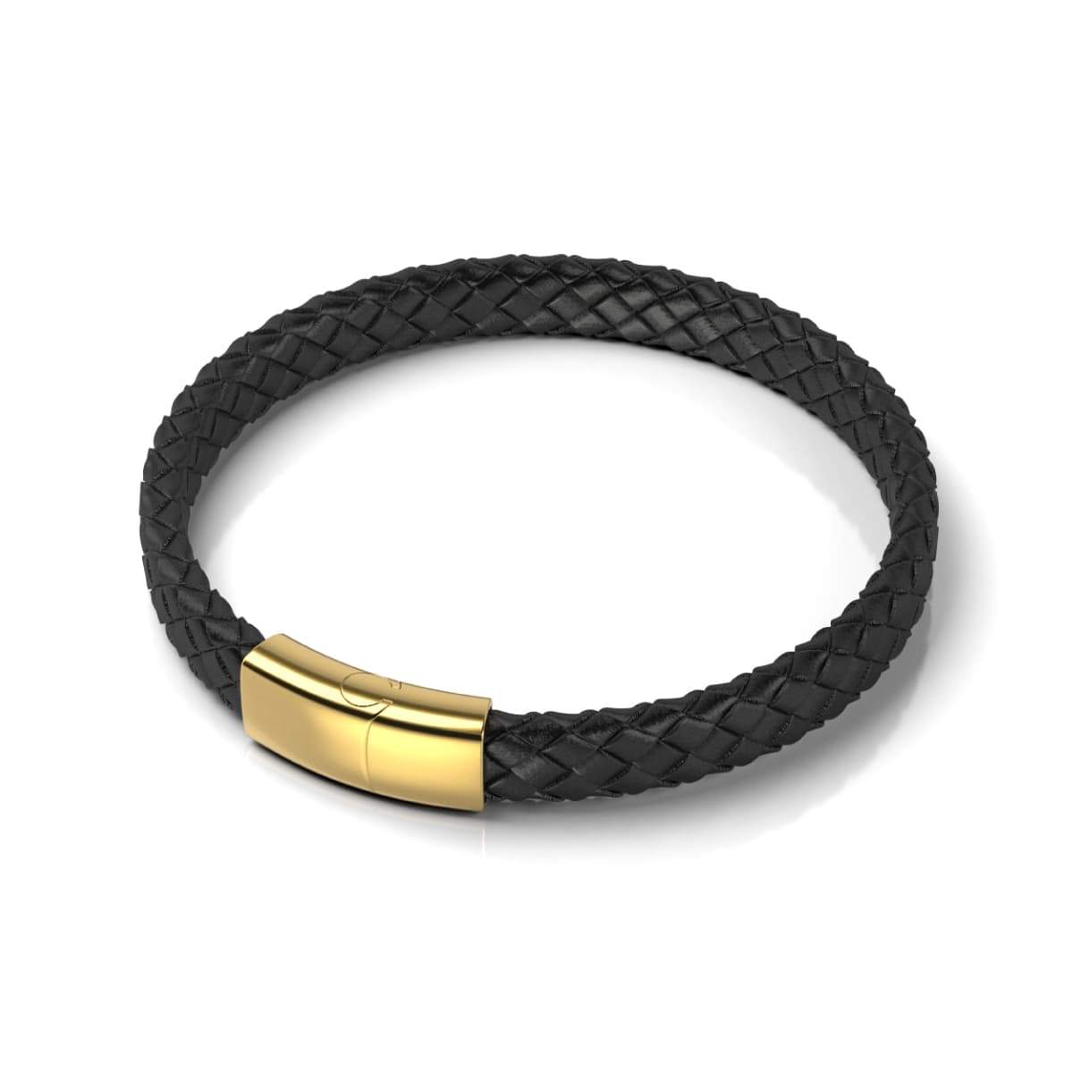 18k Gold Infinity Braid Mini Leather Bracelet with black 8mm braided leather and gold clasp by NOGU