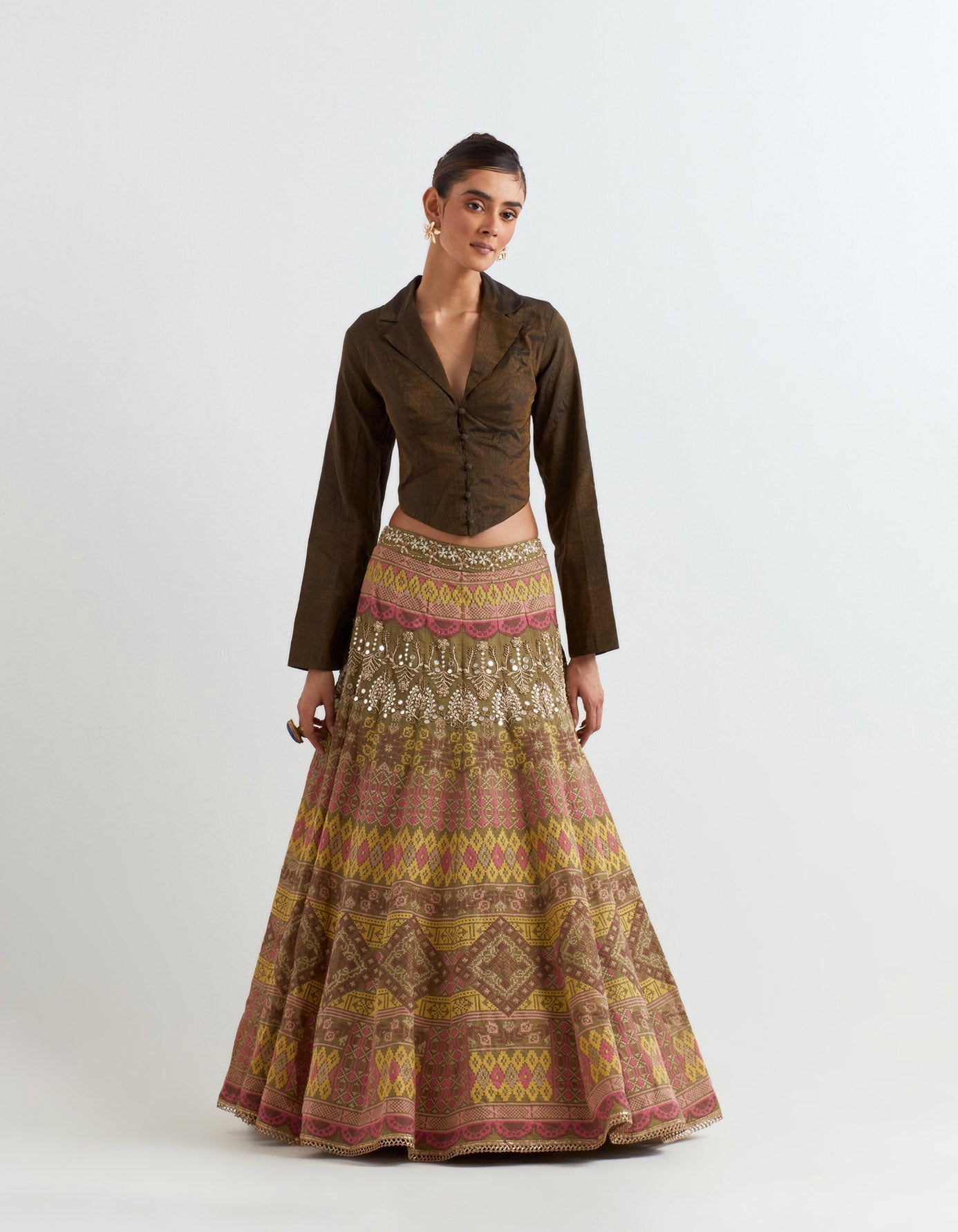 Brown Corset Crop Jacket With Skirt