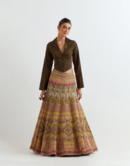 Brown Corset Crop Jacket With Skirt