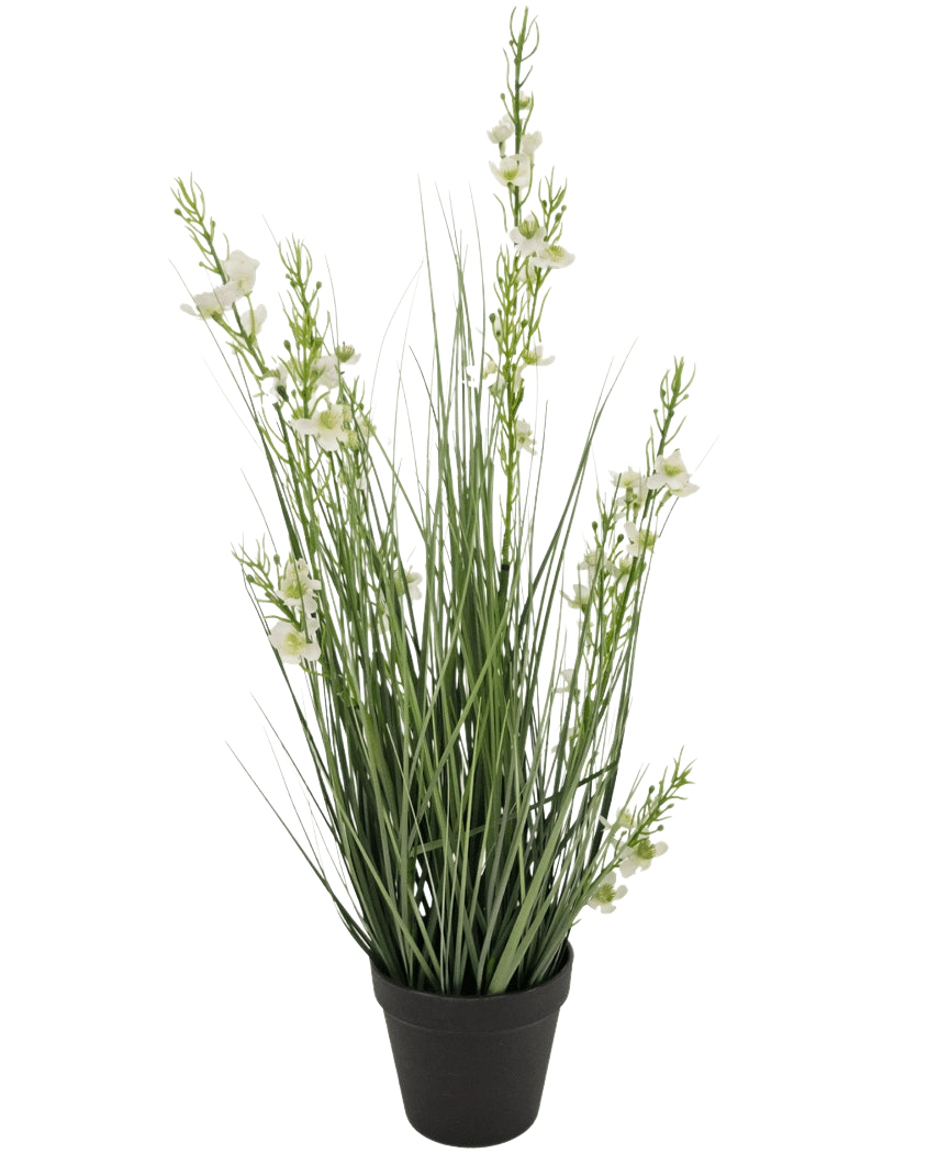 De Kunstgras Gierst Uien graspot 65cm brandvertragend heeft hoge, slanke groene grasachtige bladeren en verschillende stelen met kleine witte bloemen in een zwarte pot, tegen een effen witte achtergrond.