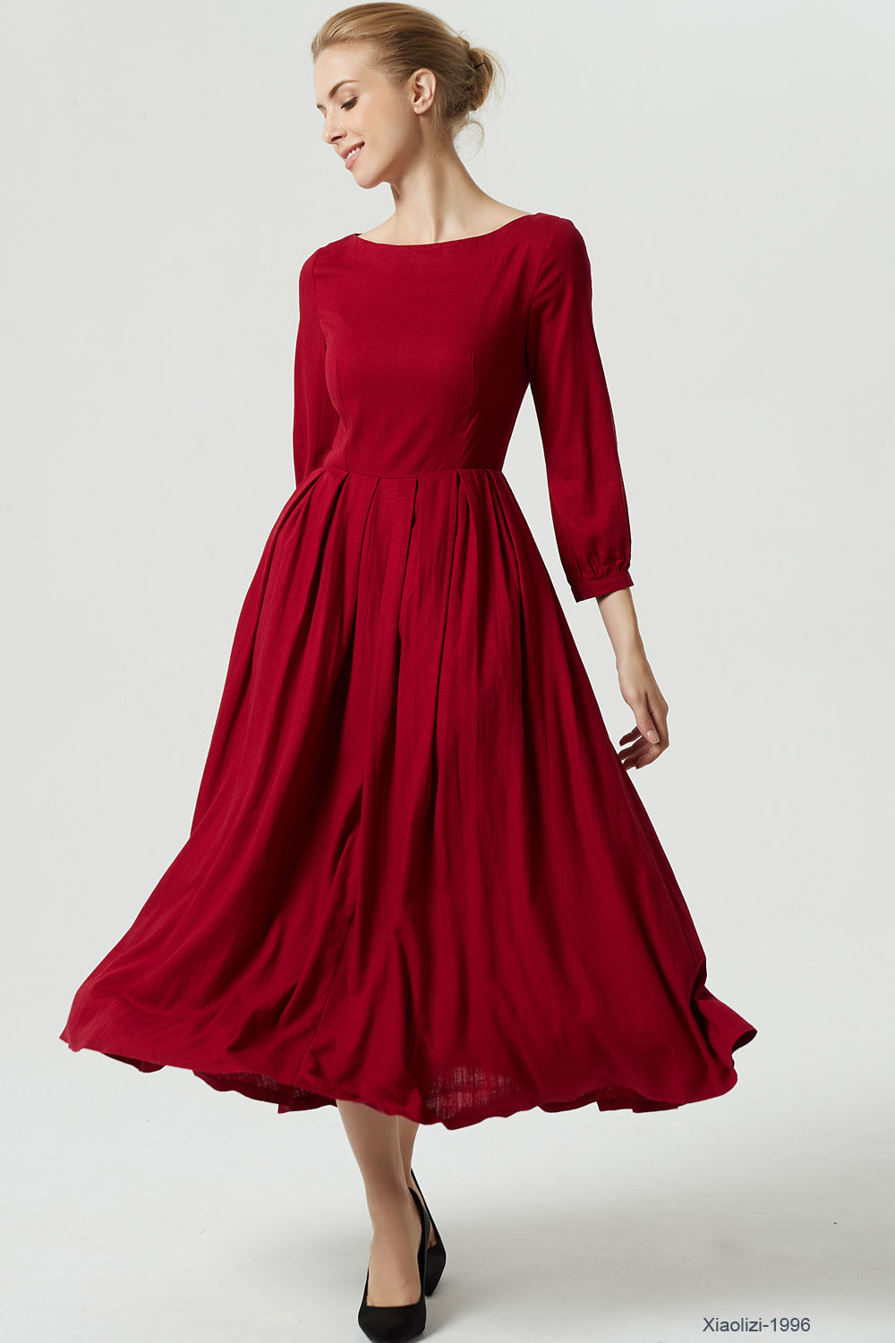 Red Linen Maxi Dress - Pleated Fit and Flare with Lantern Sleeves 1996