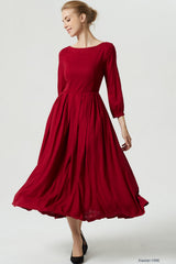 Red Linen Maxi Dress - Pleated Fit and Flare with Lantern Sleeves 1996
