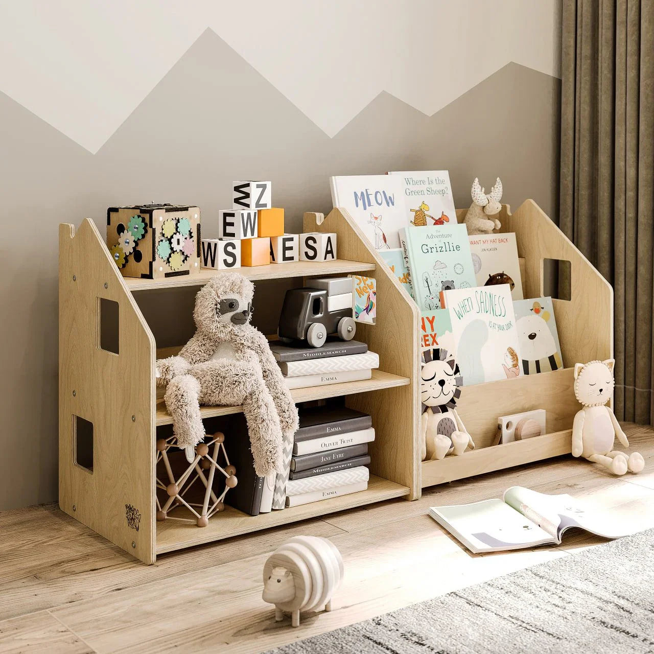 Montessori Bücherregal und Spielzeugregal im Kinderzimmer, minimalistisches Design, leicht zugängliche Aufbewahrung.