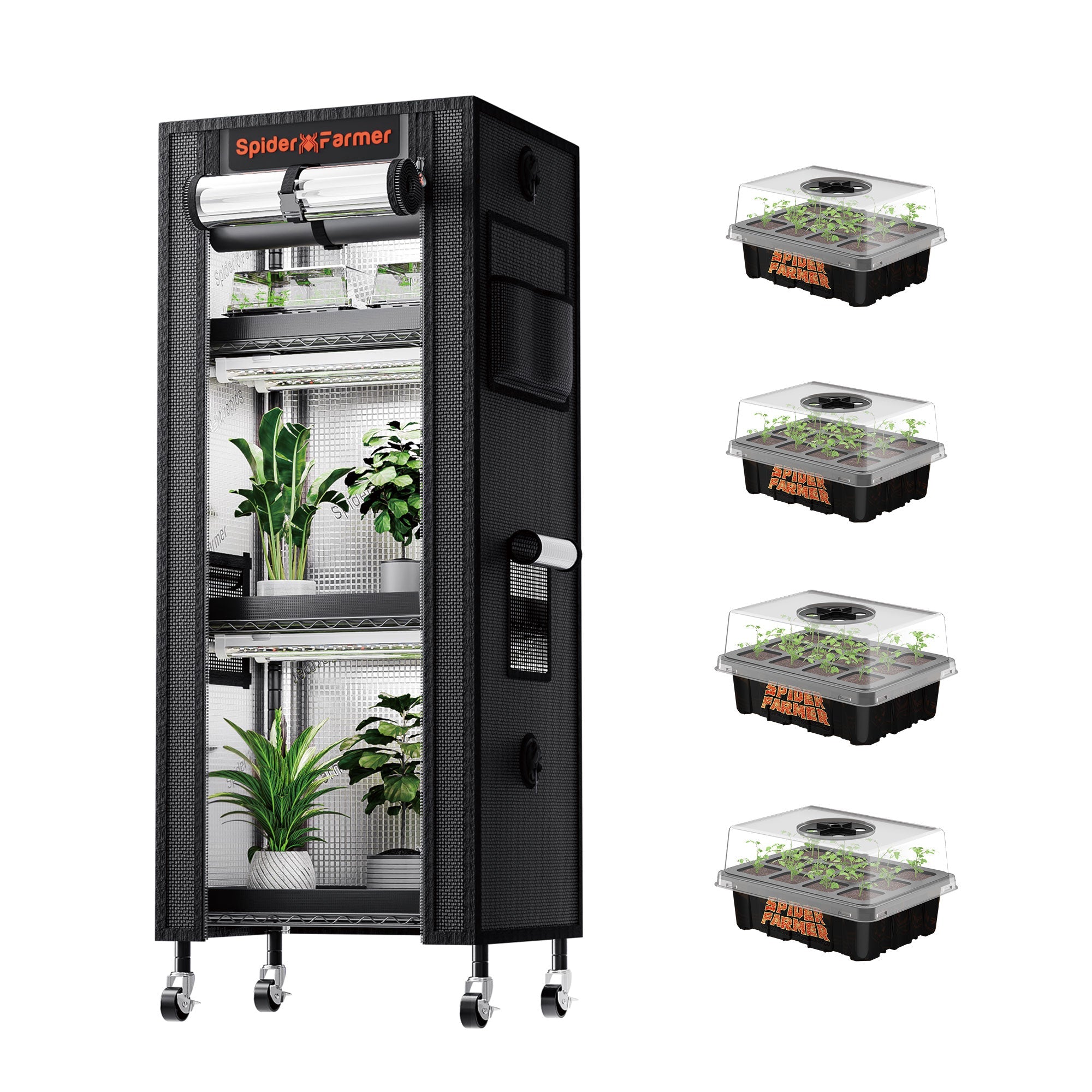 Spider Farmer 4-Tier Plant Stand with Grow Lights (54W) & 1680D Grow Tent with Seed Starter Trays