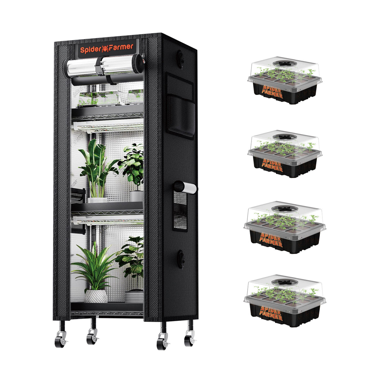 Spider Farmer 4-Tier Plant Stand with Grow Lights (54W) & 1680D Grow Tent with Seed Starter Trays