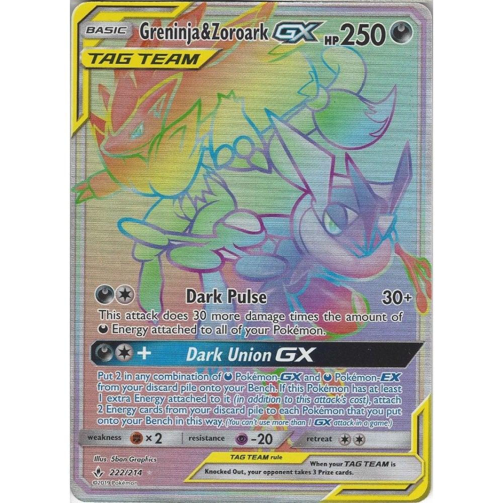 Pokemon Trading Card Game Greninja &amp; Zoroark GX TAG TEAM - 222/214 - Rare Rainbow Card - SM10 Unbroken Bonds