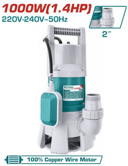Pompe vide-cave TOTAL TWP810001 1000W – eau chargée, 216,7L/min, hauteur 9m, immersion 7m, tuyau 2", câble 10m, chantier agricole industriel