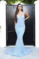 Portia and Scarlett - PS21235 V Neck Open Back Bedazzled Dress Evening Dresses 0 / Blue