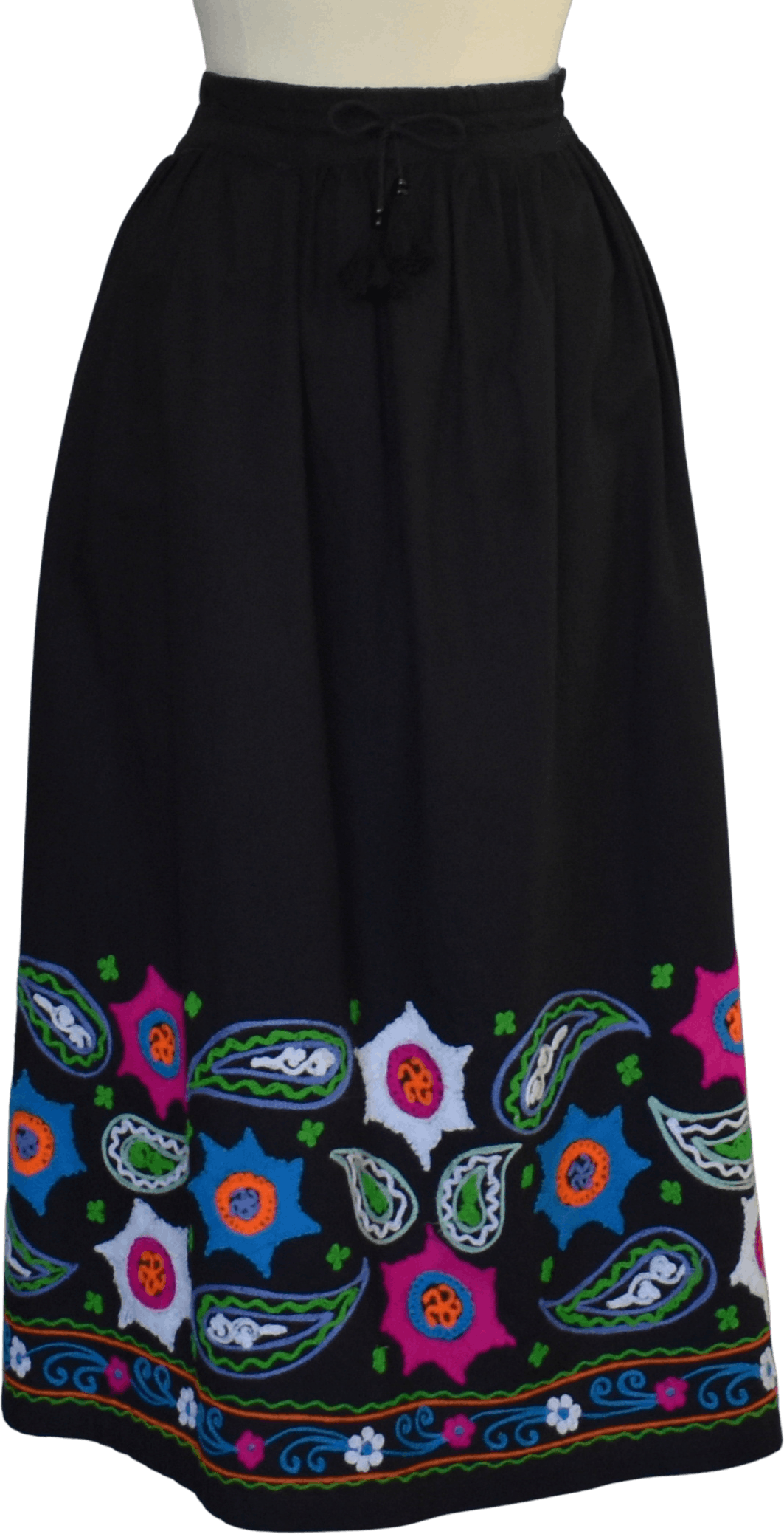 70's Floral Embroidered Black Cotton Midi Skirt by Passports Of Pier 1 Imports