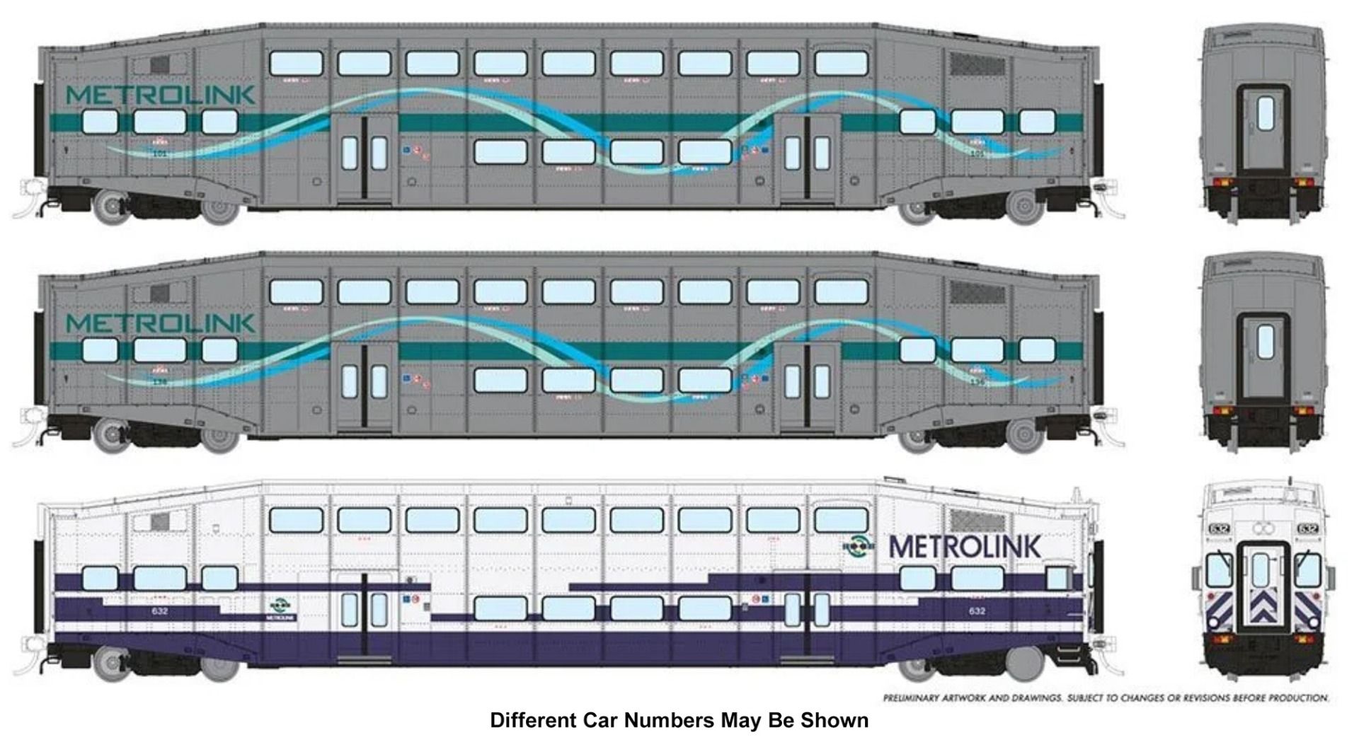 Rapido 146045, HO Scale BiLevel Commuter Cars, Metrolink-Ribbon, Set #2, Cab Car 635, Coaches 107 & 111
