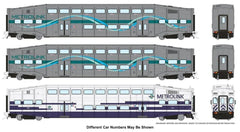 Rapido 146045, HO Scale BiLevel Commuter Cars, Metrolink-Ribbon, Set #2, Cab Car 635, Coaches 107 & 111