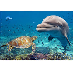 Realistic Dolphin and Turtle Underwater on Reef Fabric Panel