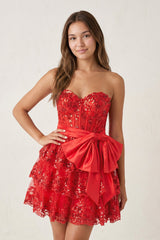 Red Corset Sequin Appliques Short Party Dress with Bow - KISSPROM
