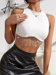 Rhinestone Tasseled Summer Crop Tops Women Chic Sleeveless Crew Neck Tank Tops Club Party Streetwear Sexy Vest Tops Aiertu