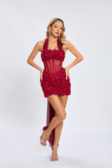 Vestido corto con rosas en relieve y espalda descubierta colección rosa oc