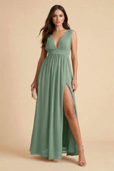 Sage green chiffon maxi dress by Shahsi with flowing silhouette