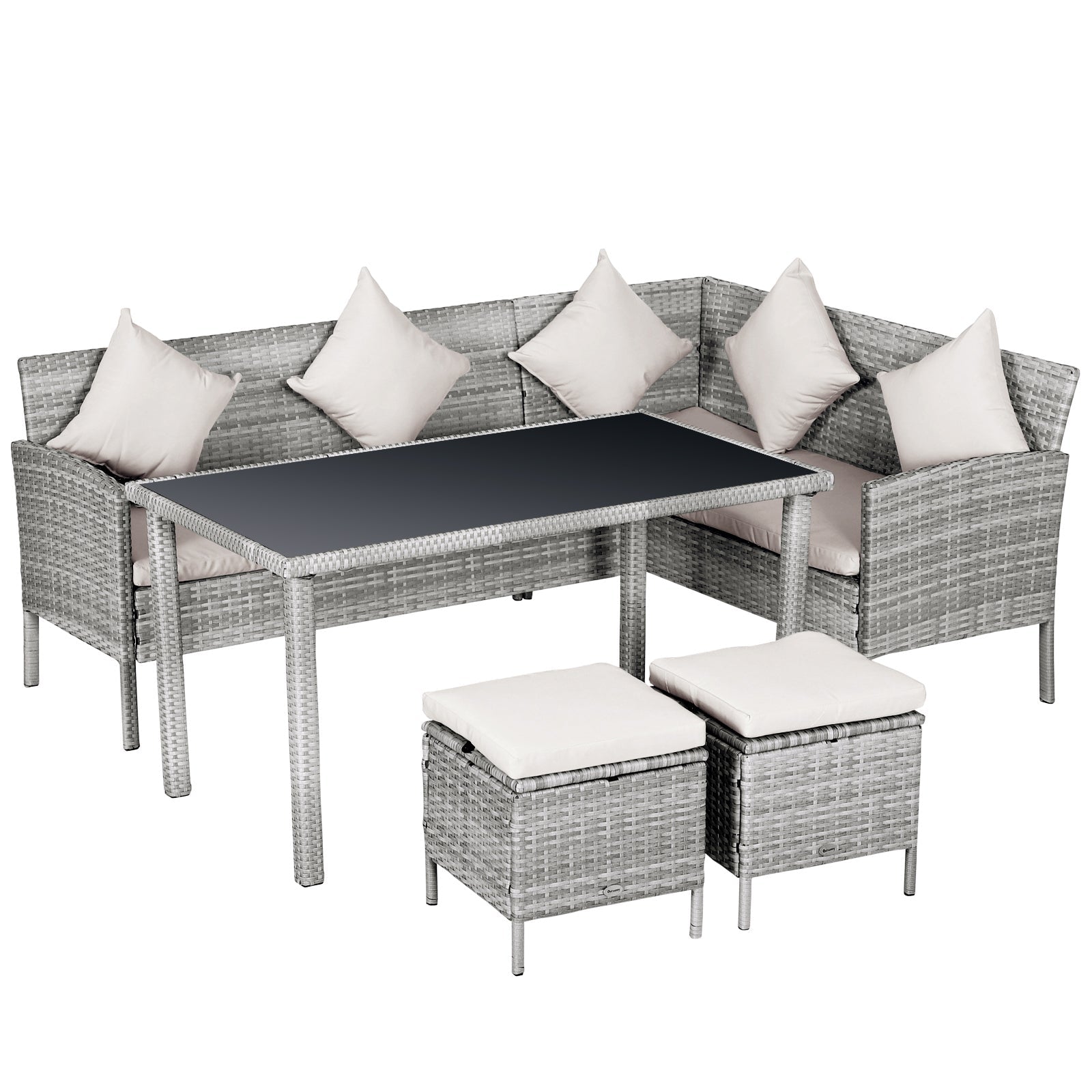 6-Seater Garden Outdoor Patio Rattan Corner Dining Set with Sofa, Footstool & Table - Mixed Grey