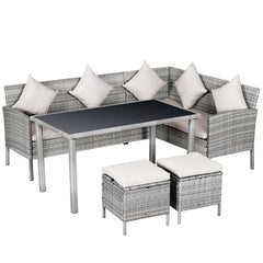 6-Seater Garden Outdoor Patio Rattan Corner Dining Set with Sofa, Footstool & Table - Mixed Grey
