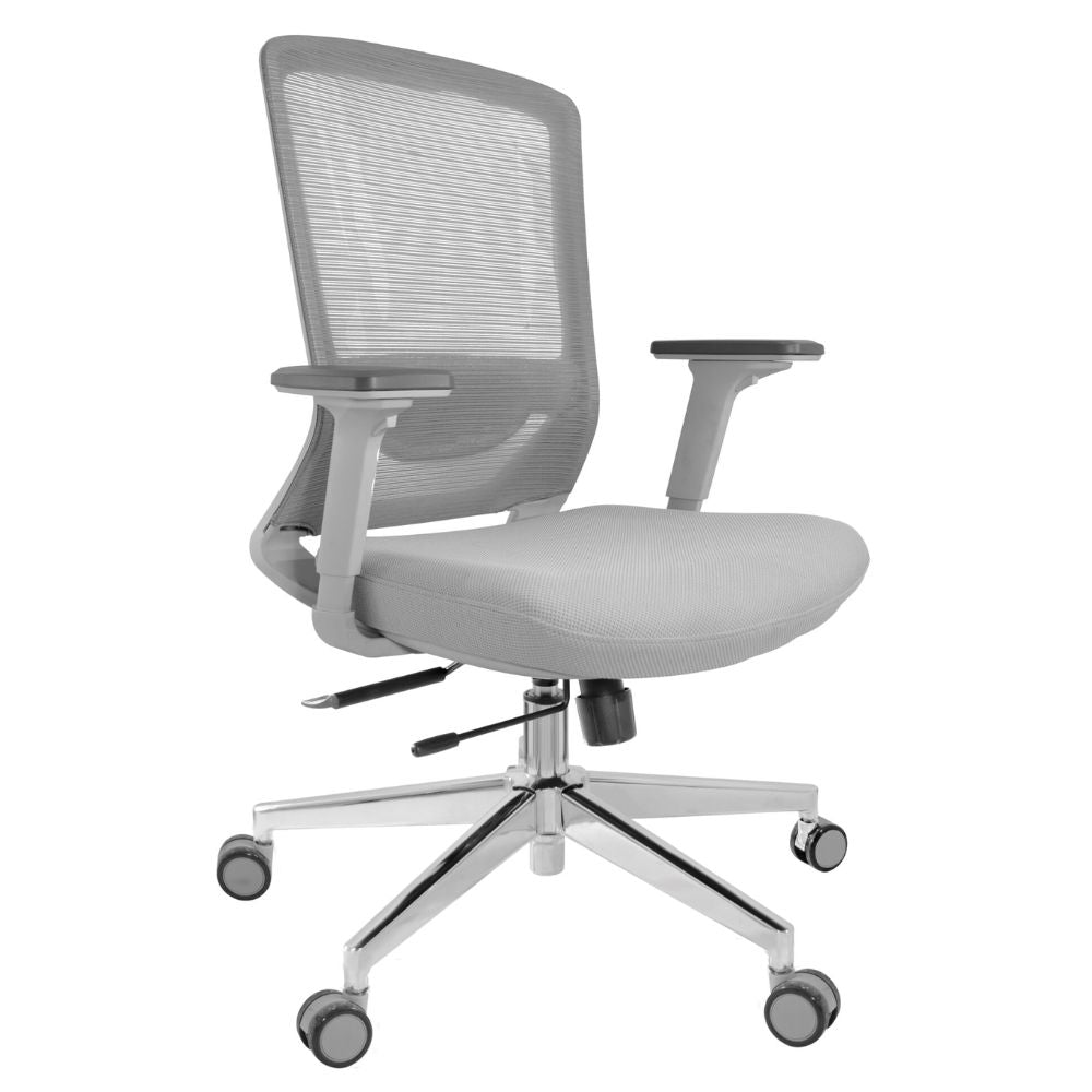 Silla operativa Gersa E-20802G gris con respaldo en malla, soporte lumbar, descansabrazos 3D y base metálica cromada